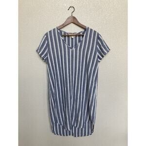 Cloth & Stone Linen blue white striped beachy dress small nautical lagenlook